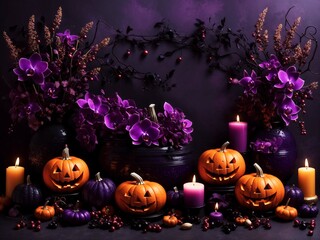 halloween story pumpkin smile celebrating card with dark flowers purple orchid and vegetables harvest on dark purple background with black candles 