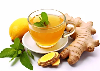 Hot tea cup with ginger,honey and lemon on white background.Macro.AI Generative © DenisMArt