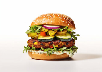 Vegetarian healthy zucchini burger with vegetable and light sauce on white background.Macro.AI Generative