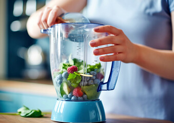 Healthy vegan green smoothie cocktail in kitchen prepared in blender by young woman.Macro.AI Generative