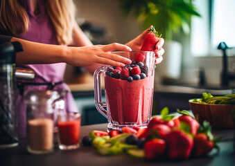 Preparation of  healthy vegan fruit and berry smoothie cocktail in kitchen.Macro.AI Generative
