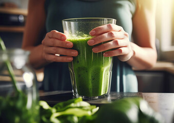 Female hands holding large jar of healthy green protein smoothie drink.Macro.AI Generative - obrazy, fototapety, plakaty