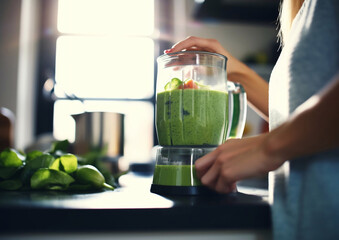 Healthy vegan green smoothie cocktail in kitchen prepared in blender by young woman.Macro.AI...