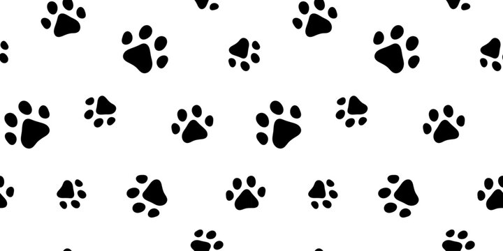 Vector paw trail of animal footprint seamless pattern. Dog or cat tracks on white background. Black silhouette.