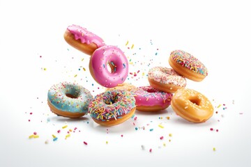 donuts with various flavors mixed with sprinkles on a white background generative ai