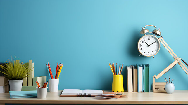 Desk showcasing school essentials, such as stationery holder, book, lamp and more on blue wall backdrop. Space for text,Study ready arrangement,Side view photo