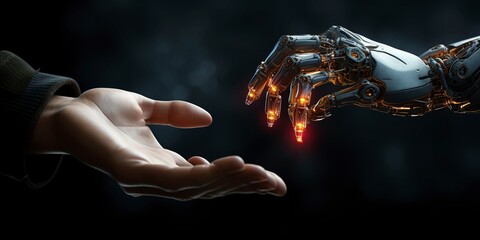 A human hand reaches out to a robot's hand. - obrazy, fototapety, plakaty