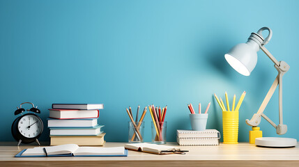 Desk showcasing school essentials, such as stationery holder, book, lamp and more on blue wall backdrop. Space for text,Study ready arrangement,Side view photo