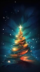 Christmas tree with lights and stars on dark background.