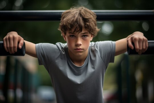 Photography in the style of pensive portraiture of a focused kid male doing calisthenics exercises on outdoor bars. With generative AI technology