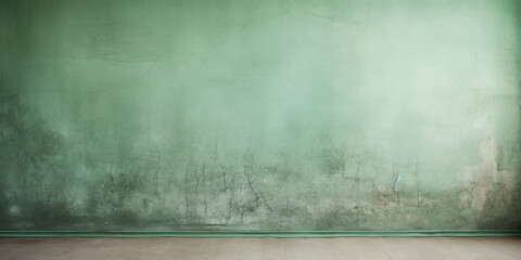 Pale green and rough texture background with blank wallpaper. Worn wall and peeling paint.