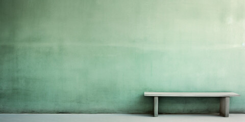 Green and rough texture background with blank wallpaper wirth a wood bench. Worn wall and peeling paint.