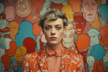 A woman with a bow tie standing in front of a colorful wall. Imaginary AI picture.