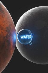 Transfer of water from the seas and oceans between Mars and Earth. The theme of water transport between planets. 3d rendering illustration