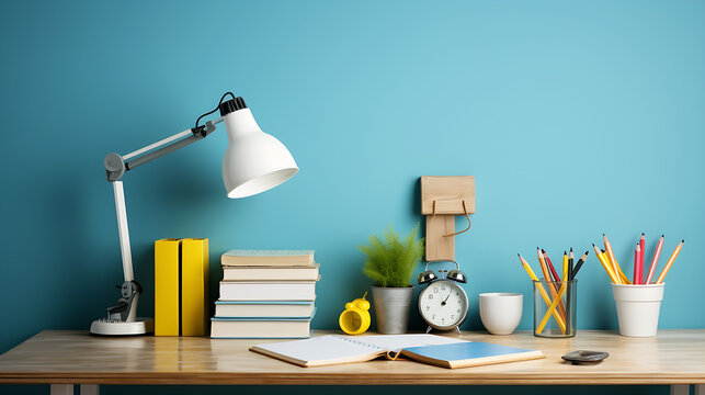 Desk showcasing school essentials, such as stationery holder, book, lamp and more on blue wall backdrop. Space for text,Study ready arrangement,Side view photo