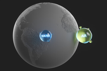 The relationship between the size of land, water from the oceans and the amount of air on planet Earth. 3d rendering illustration