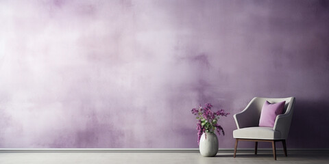 Violet and rough texture background with blank wallpaper with an armchair Worn wall and peeling paint.