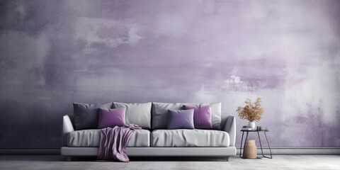 Fototapeta na wymiar Violet and rough texture background with blank wallpaper with a sofa. Worn wall and peeling paint.