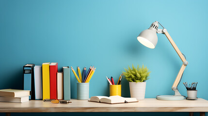 Desk showcasing school essentials, such as stationery holder, book, lamp and more on blue wall backdrop. Space for text,Study ready arrangement,Side view photo - Powered by Adobe