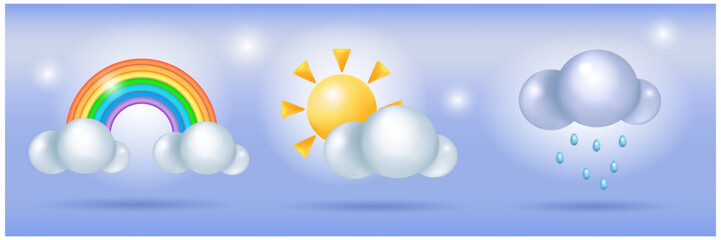 3d weather icons, sun, clouds, rainbows and rain on a blue sky background.
 Realistic 3D cartoon plastic weather icon. Children's design element, vector image.