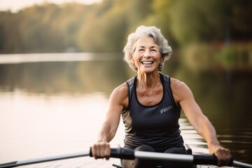 Group portrait photography of an inspired mature woman rowing in a lake. With generative AI...