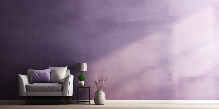 Purple and rough texture background with blank wallpaper with a chair. Worn wall and peeling paint.