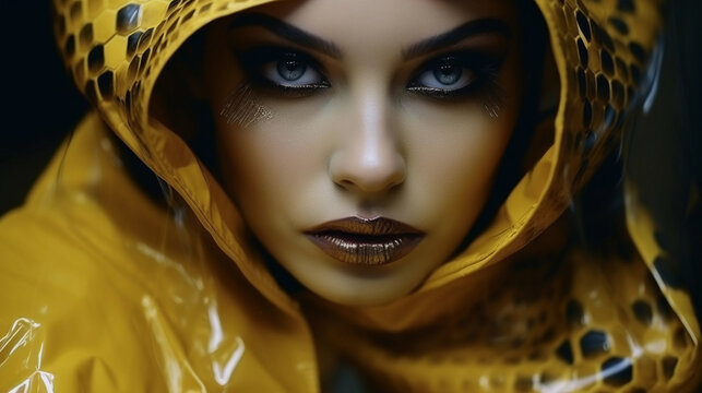 Portrait of a woman in the skin of a yellow python. Generative AI.