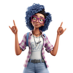 3D cartoon character happy smiling young woman cheerful posing hands up, isolated on white and transparent background, ai generate