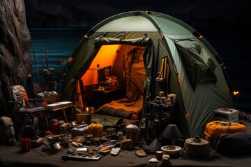 Fishing campsite with a tent, campfire, and fishing gear, capturing the essence of a fishing expedition, Generative AI