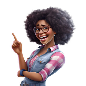 3D Cartoon Character Happy Smiling Black Young Woman Cheerful Posing Hands Up, Isolated On White And Transparent Background, Ai Generate