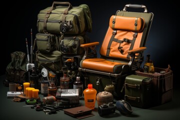 Fishing chair, cooler, and fishing gear, creating a cozy setup for a day by the water, Generative AI