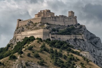 Fototapeta na wymiar Enormous citadel emerging from a mountain. Generative AI