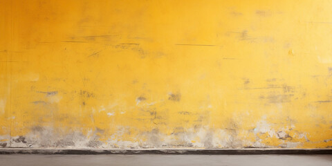 Yellow and rough texture background with blank wallpaper. Worn wall and peeling paint. Worn and empty yellow painted wall.