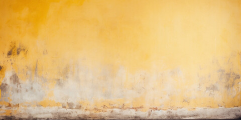 Yellow and rough texture background with blank wallpaper. Worn wall and peeling paint.