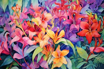 colorful portrayal of lush Hawaiian flora using watercolors. Generative AI