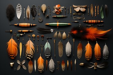 Fishing fly-tying station with feathers, hooks, and tools, showcasing the art of creating custom...