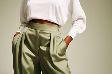 Confident and stylish African woman showcasing chic urban fashion in a studio setting.