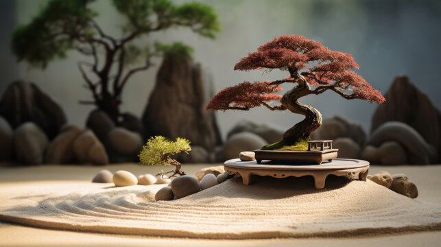 Zen Garden with moss covered rocks and small tree