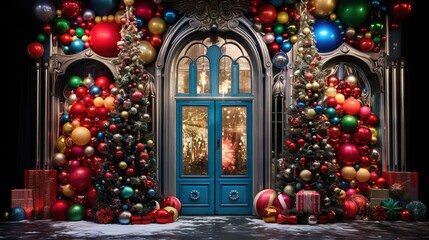 Vibrant Christmas decorated stage backdrop