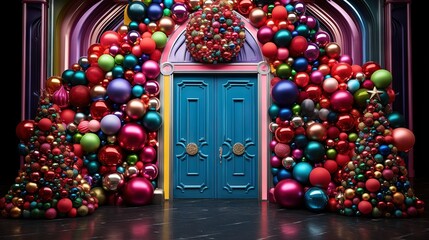 Vibrant Christmas decorated stage backdrop