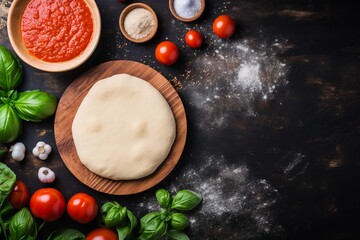Obraz na płótnie Canvas A charming flat lay of pizza preparation showcasing dough, cheese, and tomato sauce, invitingly arranged with ample empty space for text or design, viewed from above.