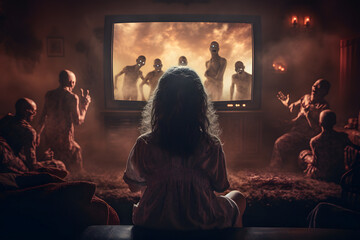 Obraz premium A girl watching TV with zombiess and imagining being surrounded by zombiess. Rear view. Neural network generated image. Not based on any actual person, scene or pattern.
