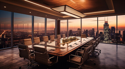 A high-rise business boardroom located on the top floor of a skyscraper. The room boasts a long,...