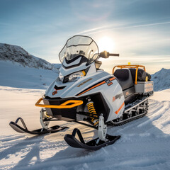  A white snowmobile on a snowy hill with a clear 
