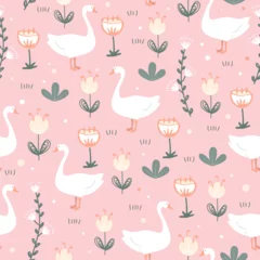Cute seamless pattern with goose and doodle meadow flowers on pink background. Vector illustration © Toltemara