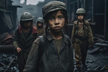 Fototapeta premium Stop the war. A group of Asian children in dirty clothes stands in the middle of a bombed-out street and looking at camera.