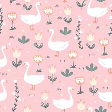 Fototapeta Cute seamless pattern with goose and doodle meadow flowers on pink background. Vector illustration