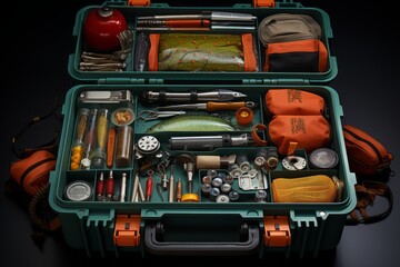 Fishing tackle box filled with lures, hooks, and fishing line, showcasing the essentials for a successful fishing trip, Generative AI
