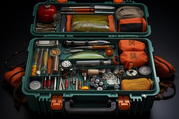 Naklejka premium Fishing tackle box filled with lures, hooks, and fishing line, showcasing the essentials for a successful fishing trip, Generative AI