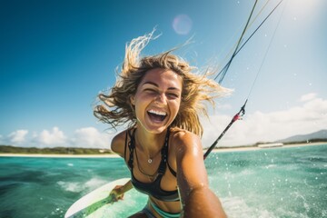Lifestyle portrait photography of an exhausted girl in her 20s practicing kitesurfing in the sea. With generative AI technology - obrazy, fototapety, plakaty